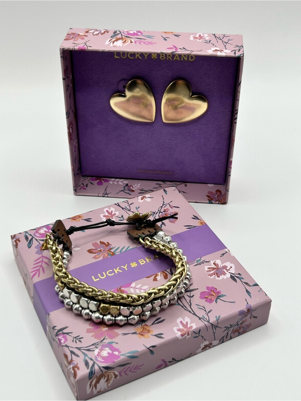 Lucky Brand Bundle Gold Heart Stud Earrings with Two-Tone Bracelet Set